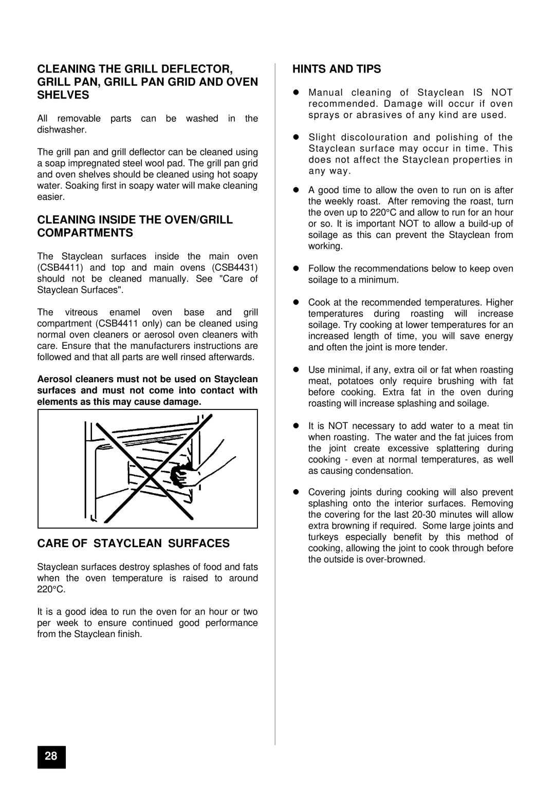 Tricity Bendix CSB4431 installation instructions Cleaning Inside the OVEN/GRILL Compartments, Care of Stayclean Surfaces 