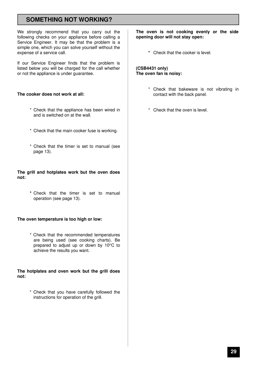 Tricity Bendix CSB4431 installation instructions Something not WORKING?, Cooker does not work at all 