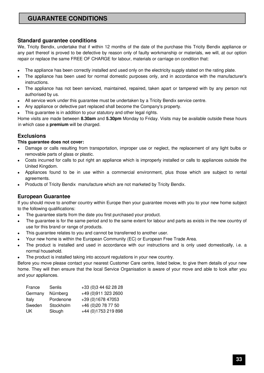 Tricity Bendix CSB4431 installation instructions Guarantee Conditions, Standard guarantee conditions 