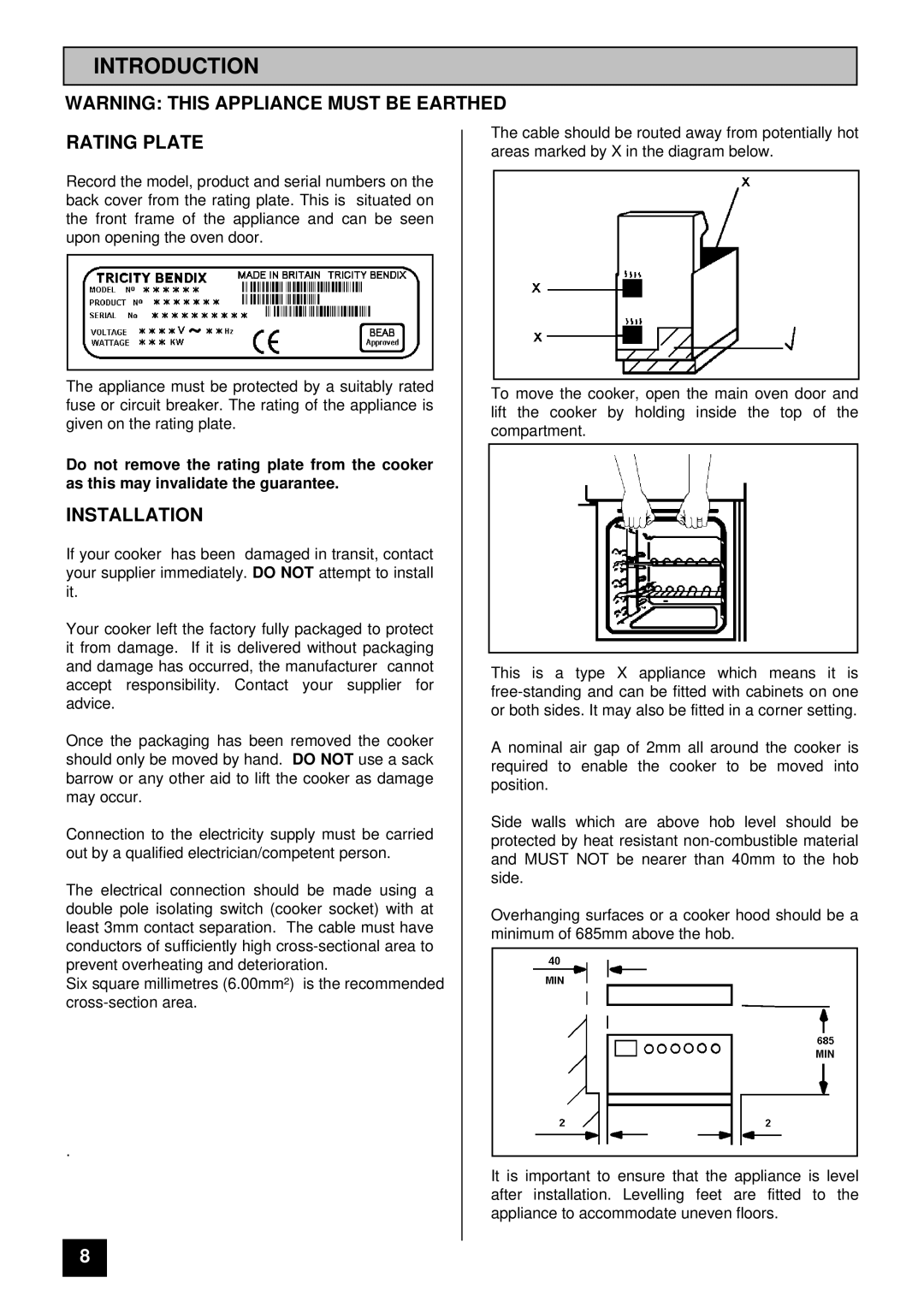 Tricity Bendix CSB4431 installation instructions Introduction, Rating Plate, Installation 