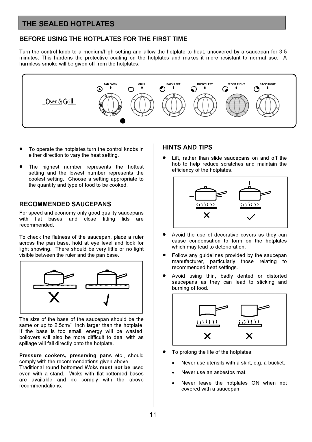 Tricity Bendix CSE327 Sealed Hotplates, Before Using the Hotplates for the First Time, Recommended Saucepans 