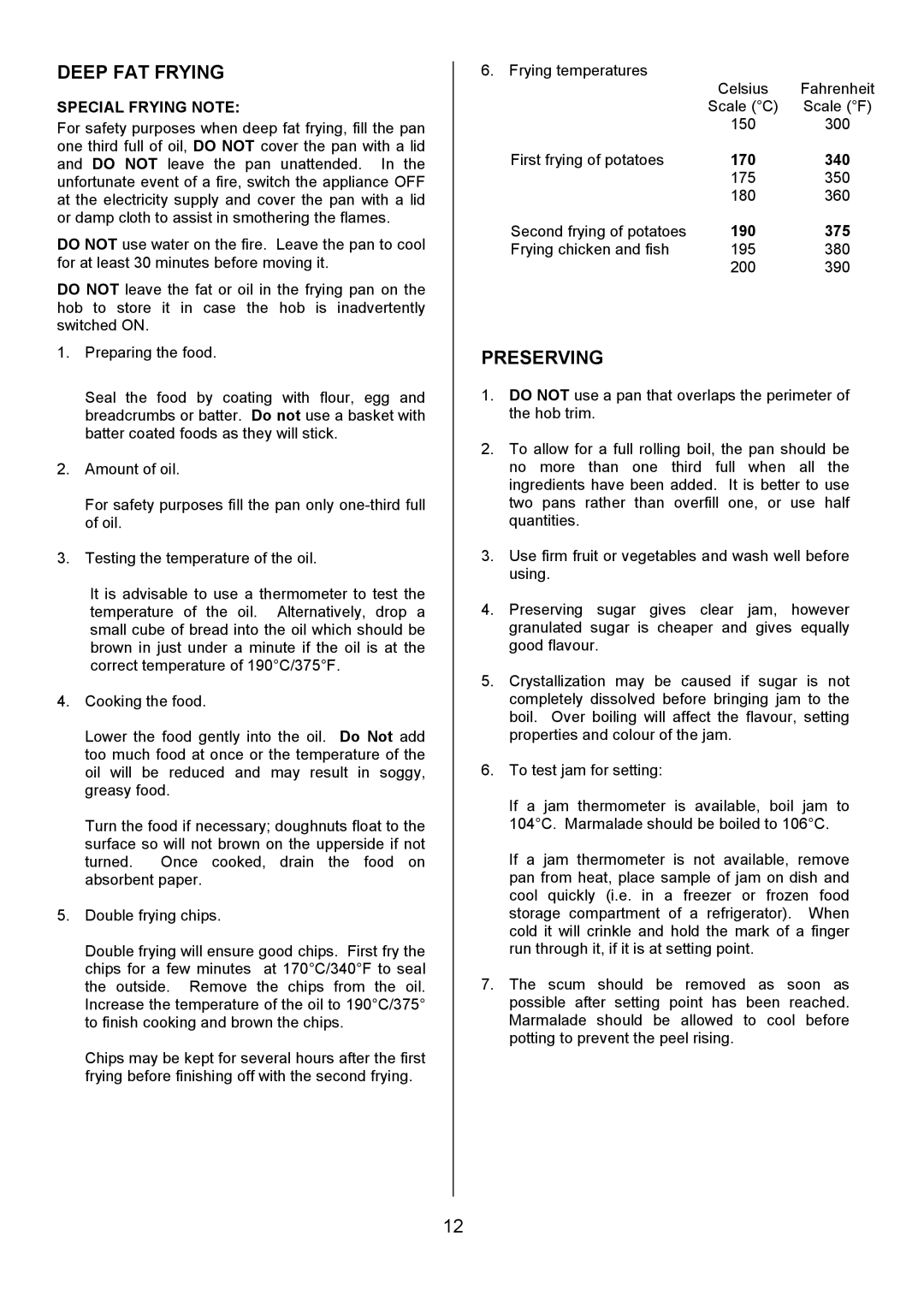 Tricity Bendix CSE327 installation instructions Deep FAT Frying, Preserving, Special Frying Note 