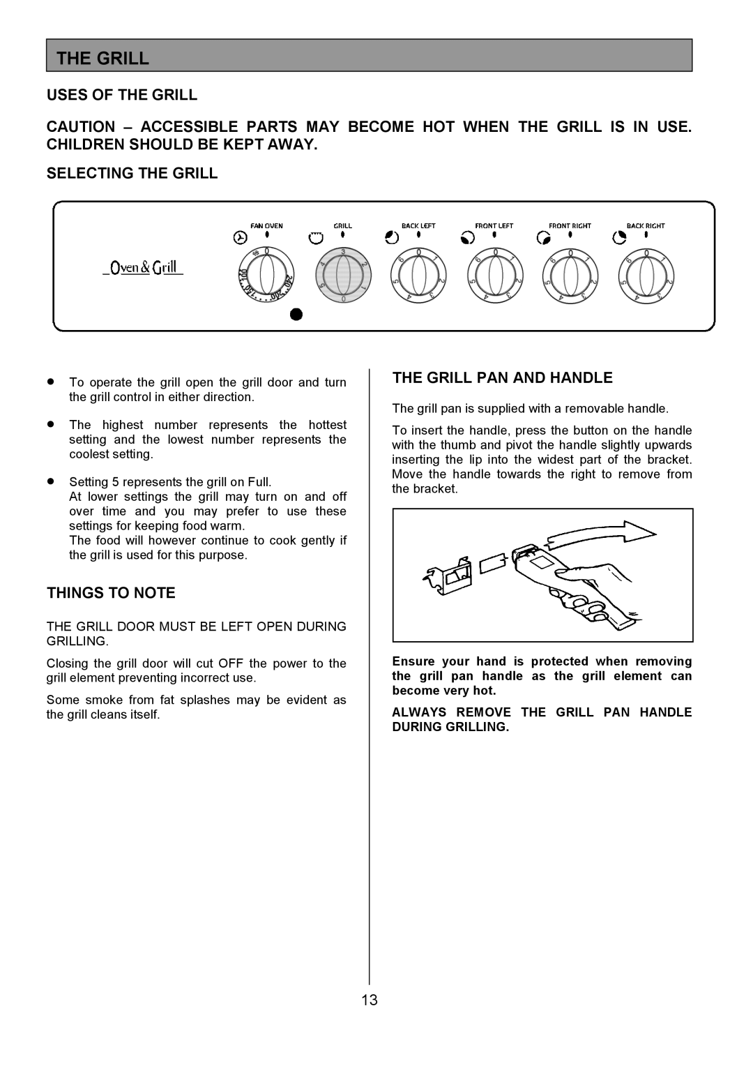 Tricity Bendix CSE327 Uses of the Grill Selecting the Grill, Things to Note, Grill PAN and Handle 