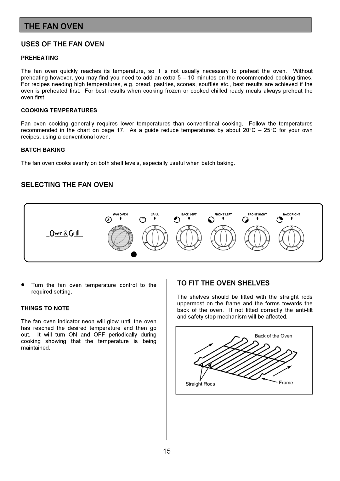 Tricity Bendix CSE327 installation instructions Uses of the FAN Oven, Selecting the FAN Oven, To FIT the Oven Shelves 