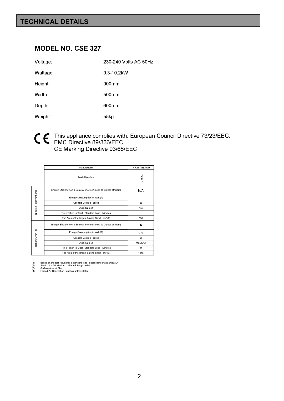 Tricity Bendix CSE327 installation instructions Technical Details Model NO. CSE, Manufacturer 