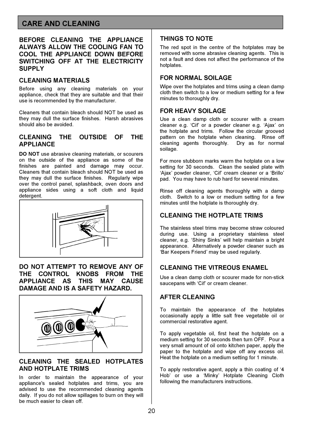 Tricity Bendix CSE327 installation instructions Care and Cleaning 