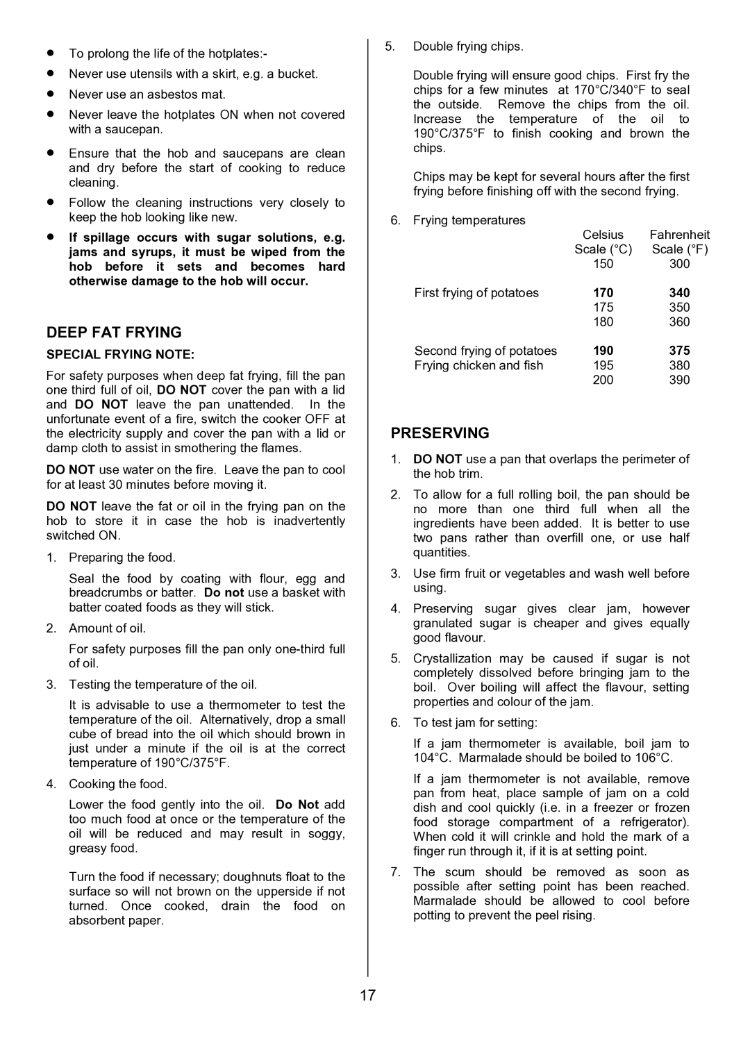 Tricity Bendix CSE452 installation instructions Deep FAT Frying, Preserving, Special Frying Note 