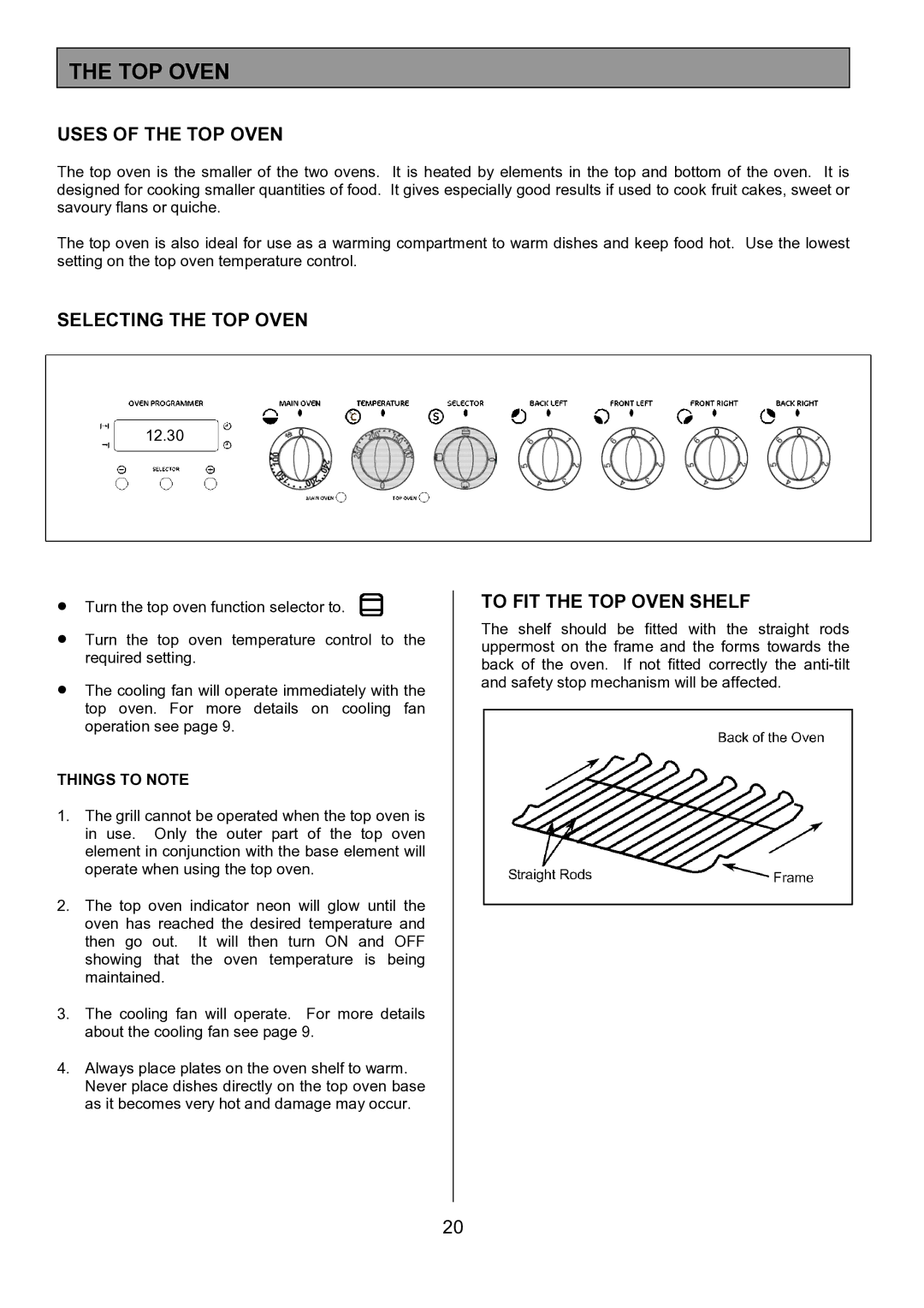 Tricity Bendix CSE452 Uses of the TOP Oven, Selecting the TOP Oven, To FIT the TOP Oven Shelf, Things to Note 