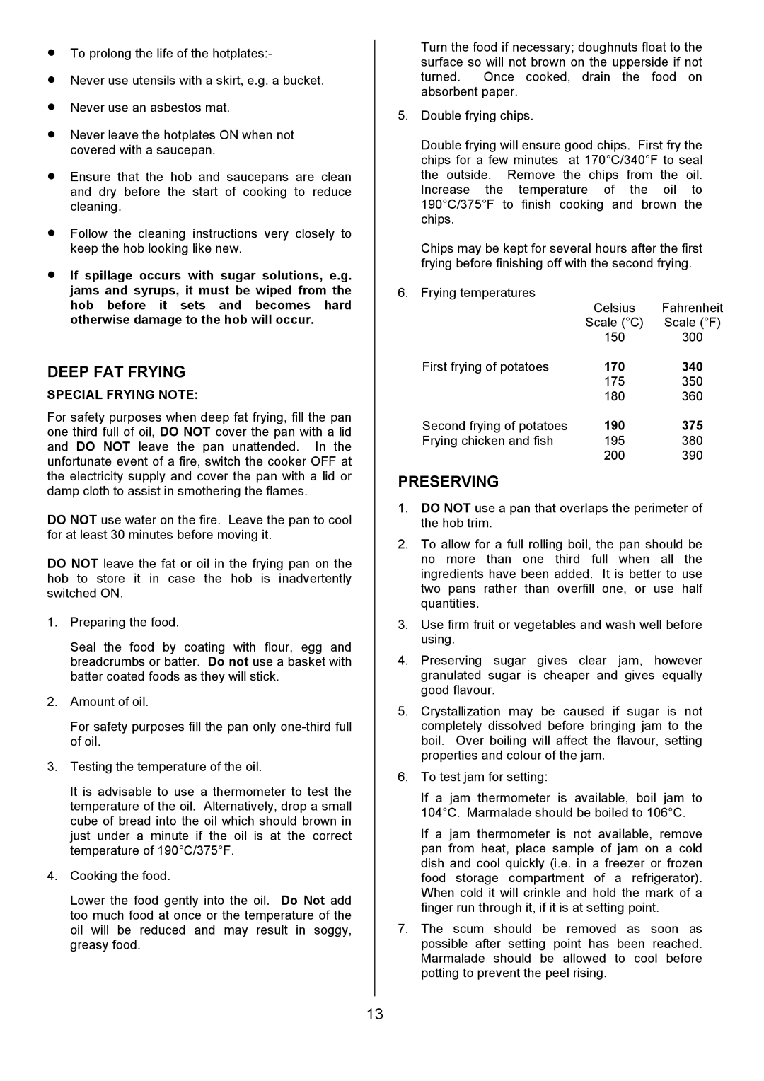 Tricity Bendix CSE500 installation instructions Deep FAT Frying, Preserving, Special Frying Note 