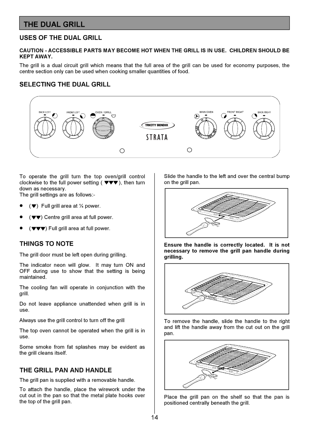 Tricity Bendix CSE500 Uses of the Dual Grill, Selecting the Dual Grill, Things to Note, Grill PAN and Handle 