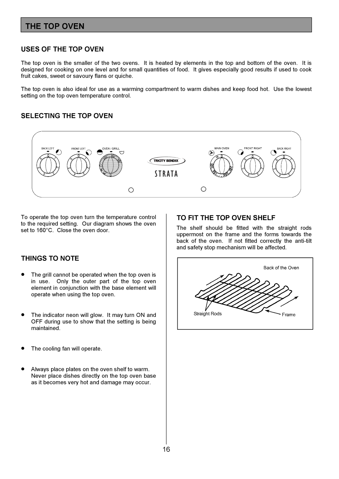 Tricity Bendix CSE500 installation instructions Uses of the TOP Oven, Selecting the TOP Oven, To FIT the TOP Oven Shelf 