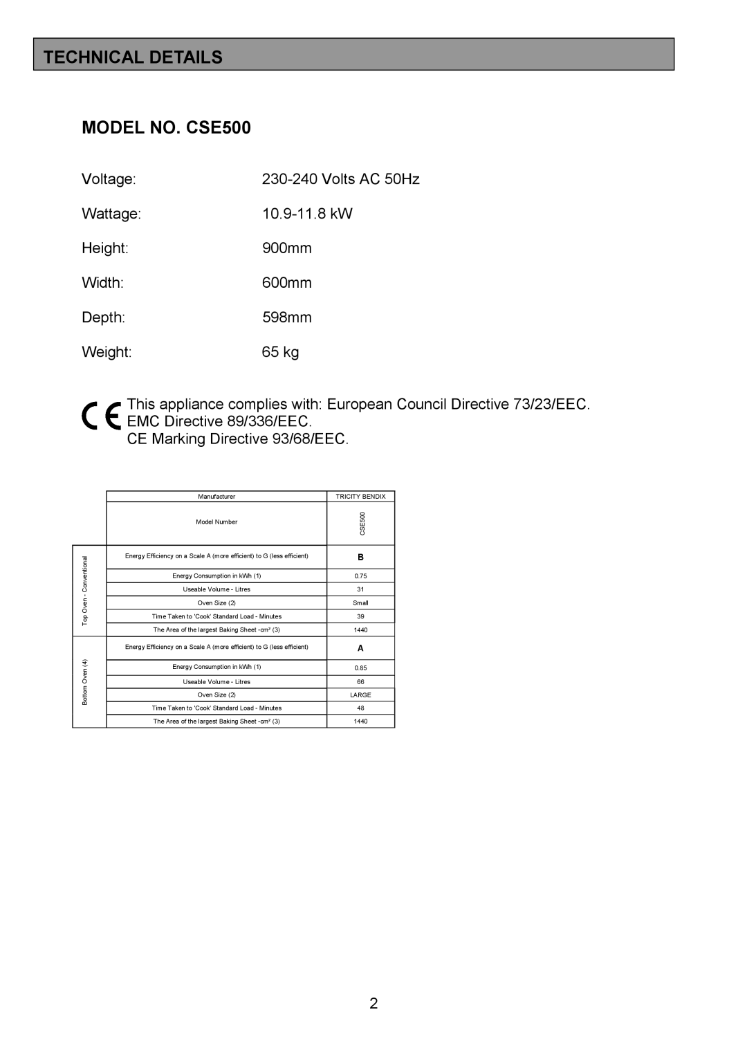 Tricity Bendix installation instructions Technical Details Model NO. CSE500, Tricity Bendix 