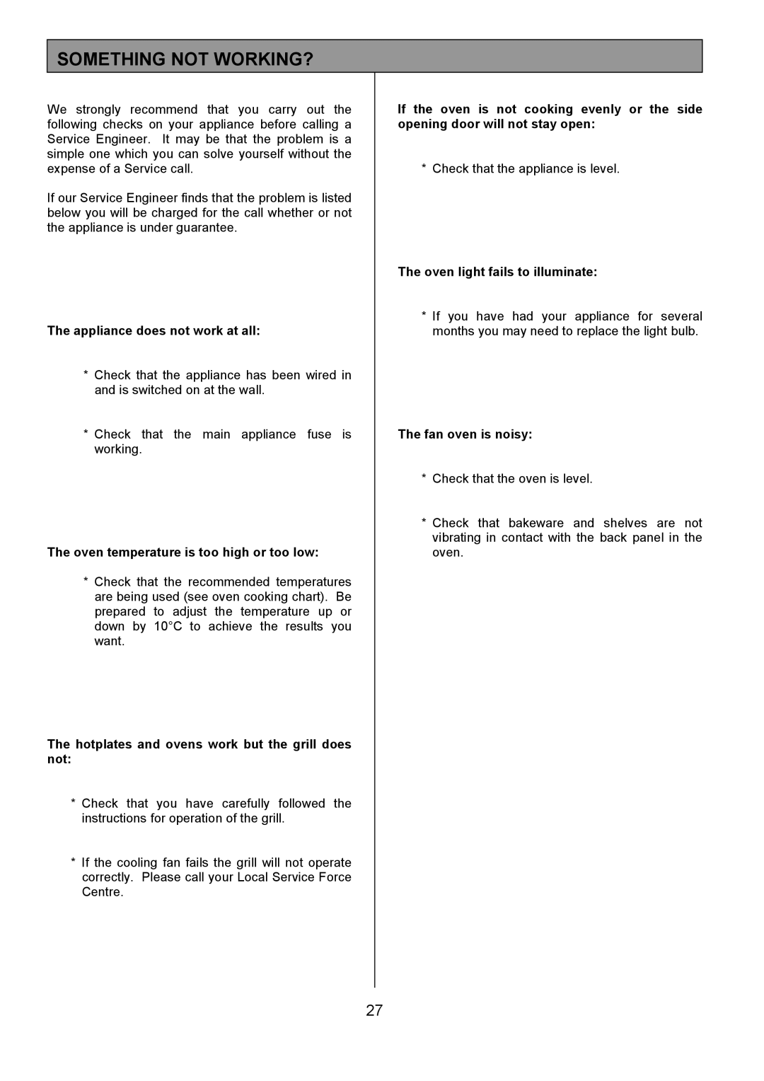 Tricity Bendix CSE500 installation instructions Something not WORKING?, Appliance does not work at all 