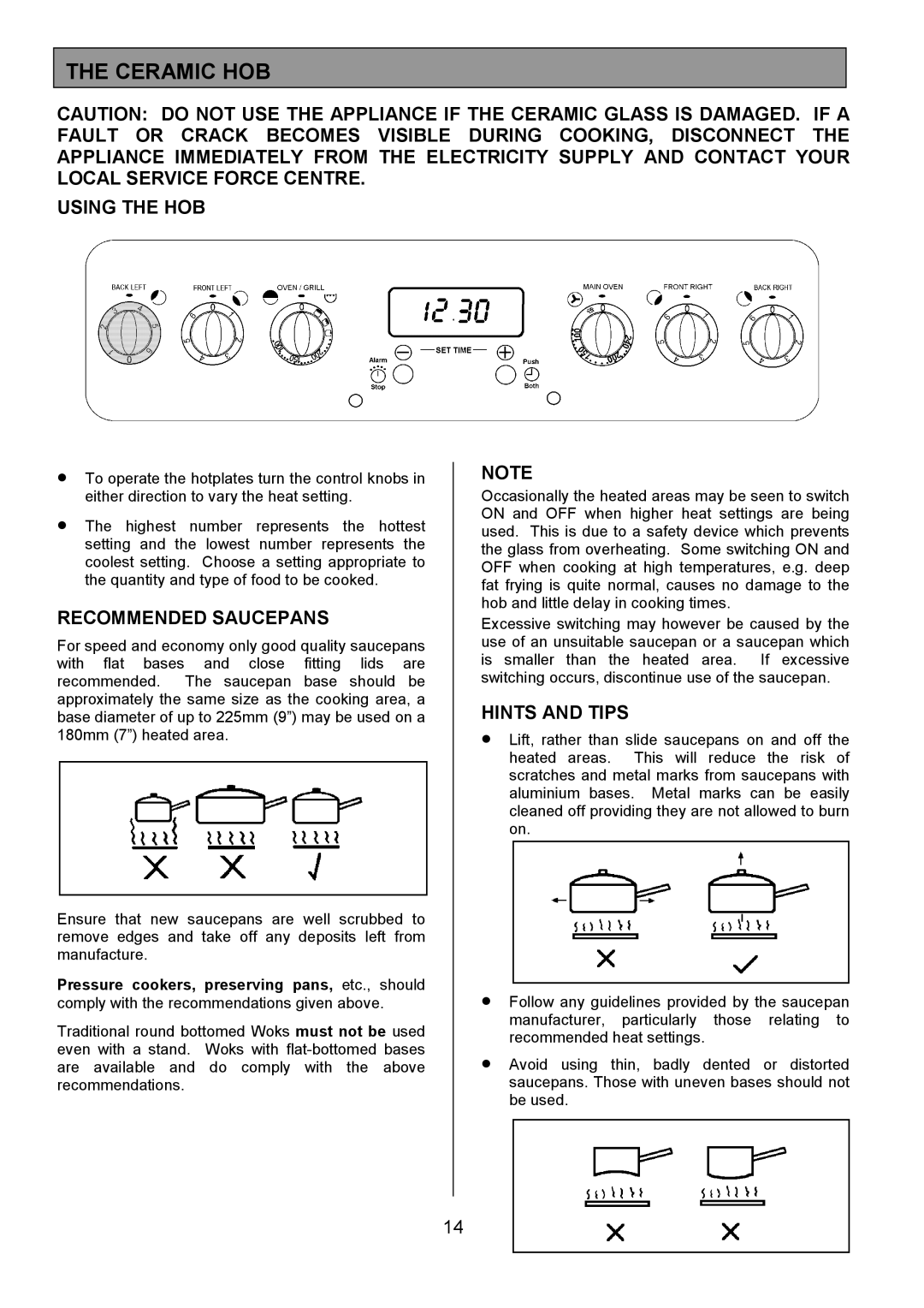 Tricity Bendix CSE551 installation instructions Ceramic HOB, Using the HOB, Recommended Saucepans, Hints and Tips 