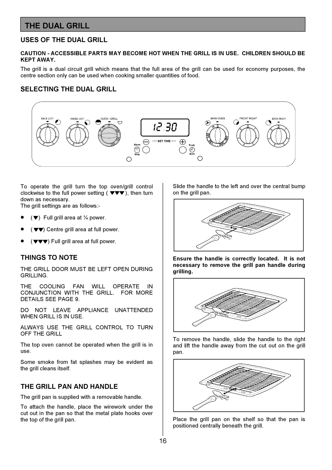 Tricity Bendix CSE551 Uses of the Dual Grill, Selecting the Dual Grill, Things to Note, Grill PAN and Handle 