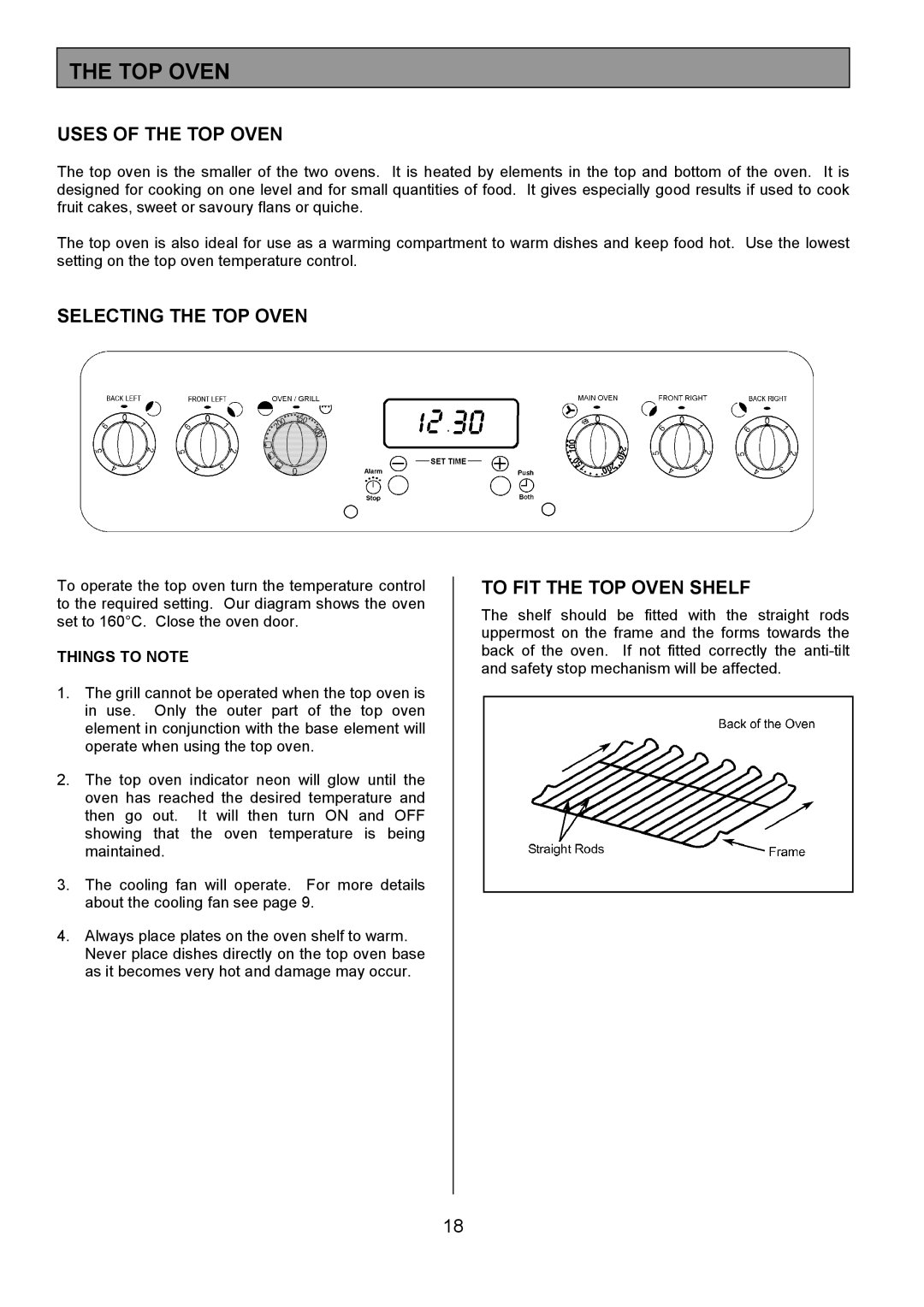 Tricity Bendix CSE551 Uses of the TOP Oven, Selecting the TOP Oven, To FIT the TOP Oven Shelf, Things to Note 