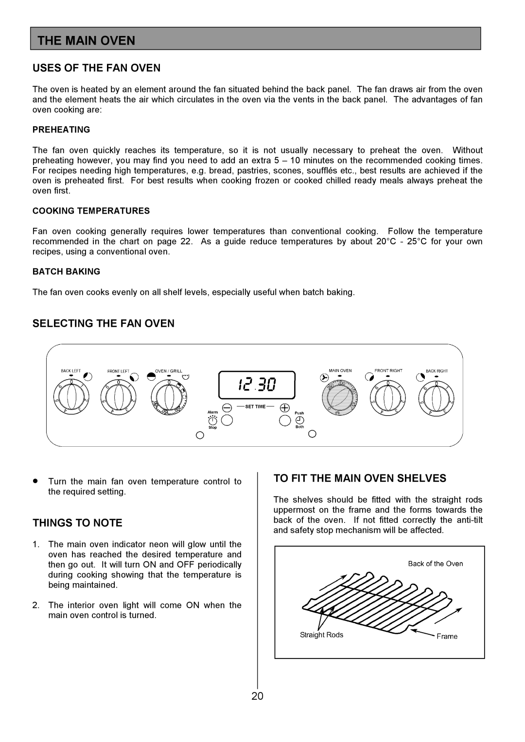 Tricity Bendix CSE551 Uses of the FAN Oven, Selecting the FAN Oven, To FIT the Main Oven Shelves 