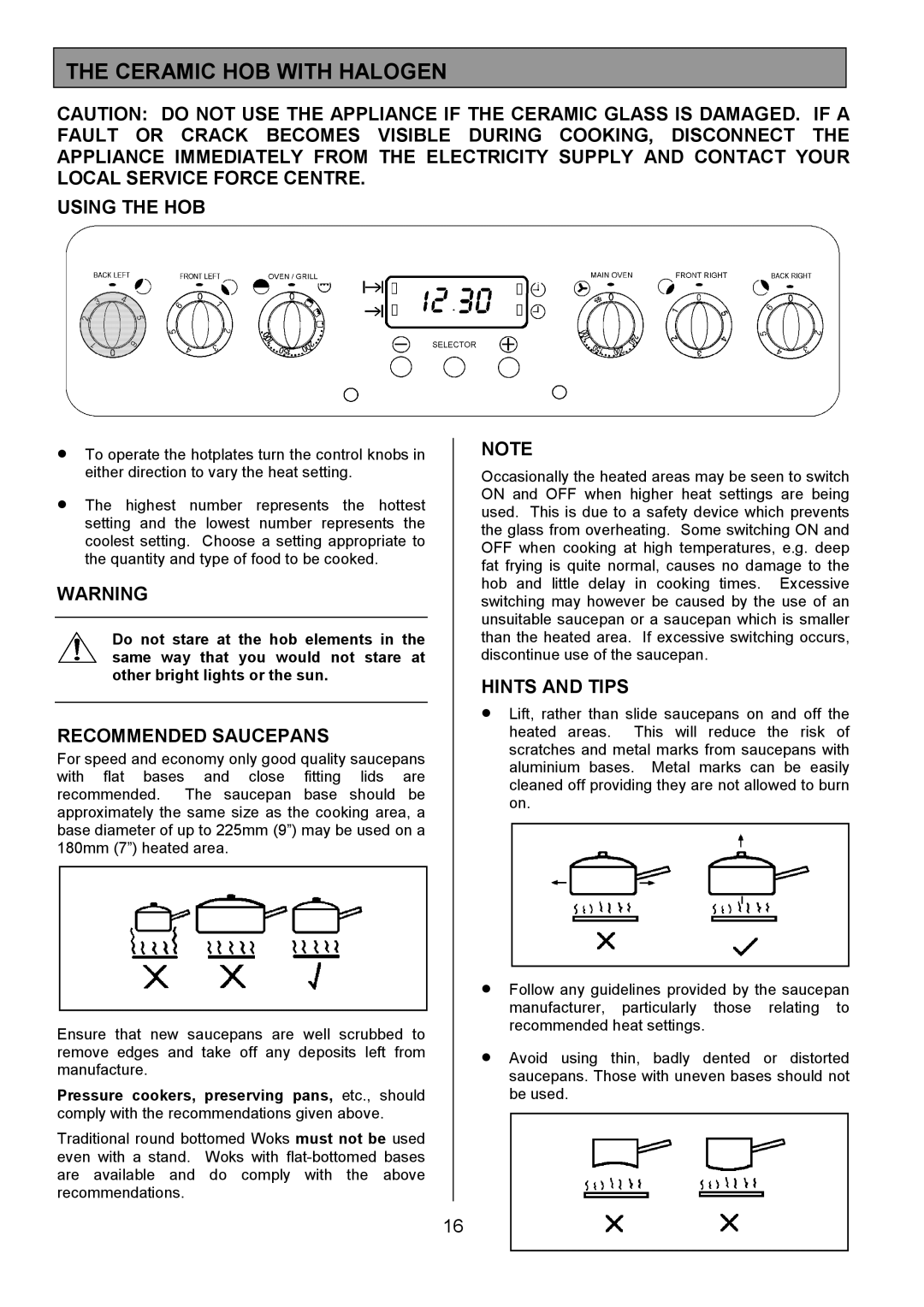 Tricity Bendix CSE560 Ceramic HOB with Halogen, Using the HOB, Recommended Saucepans, Hints and Tips 