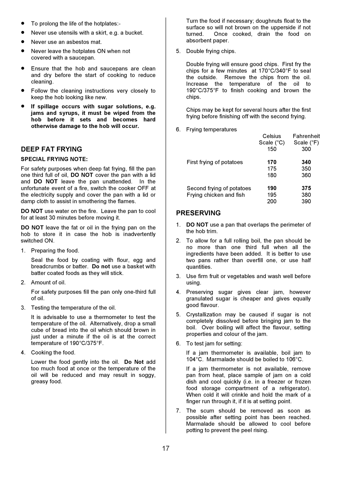 Tricity Bendix CSE560 installation instructions Deep FAT Frying, Preserving, Special Frying Note 