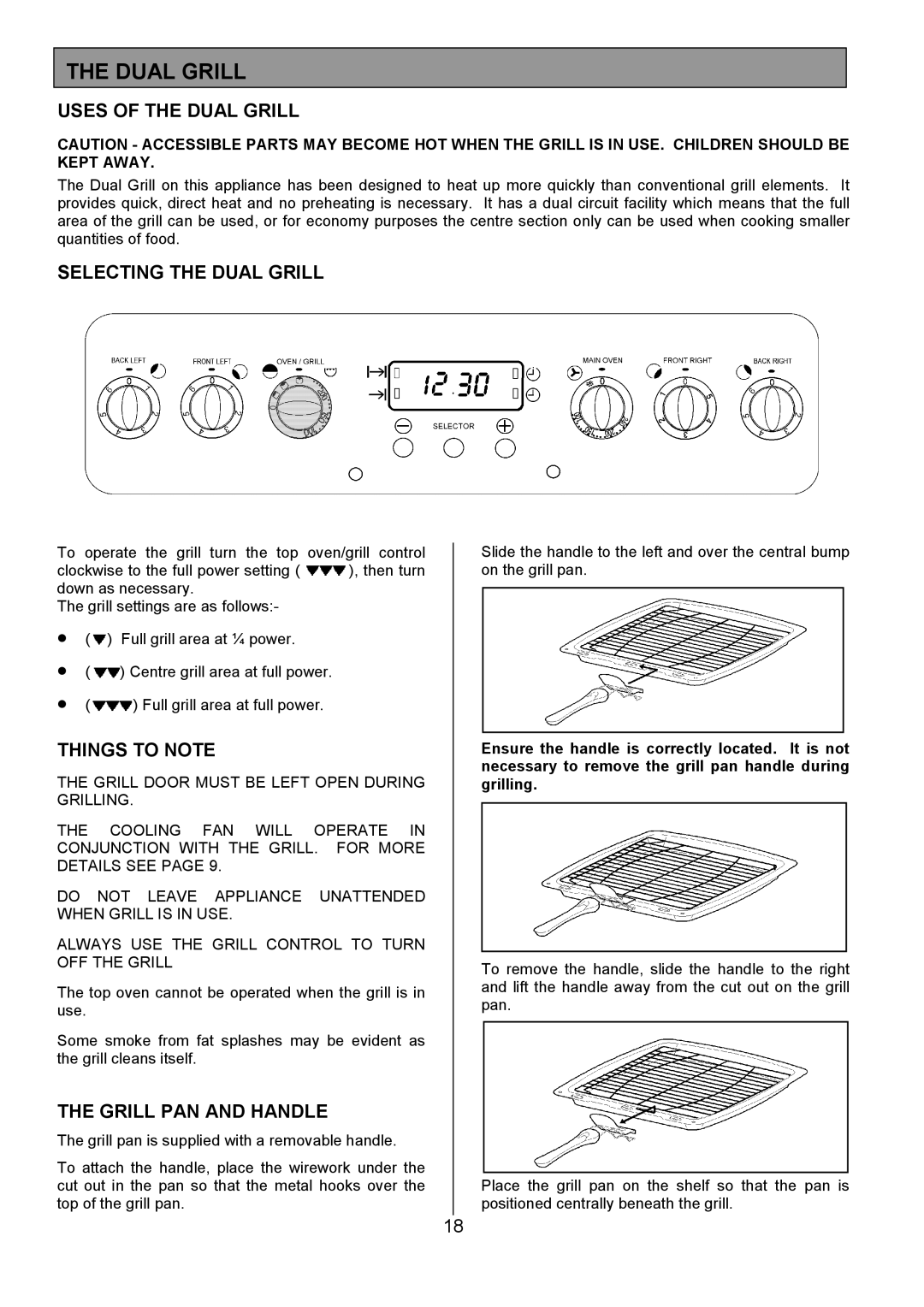 Tricity Bendix CSE560 installation instructions Uses of the Dual Grill, Selecting the Dual Grill, Grill PAN and Handle 