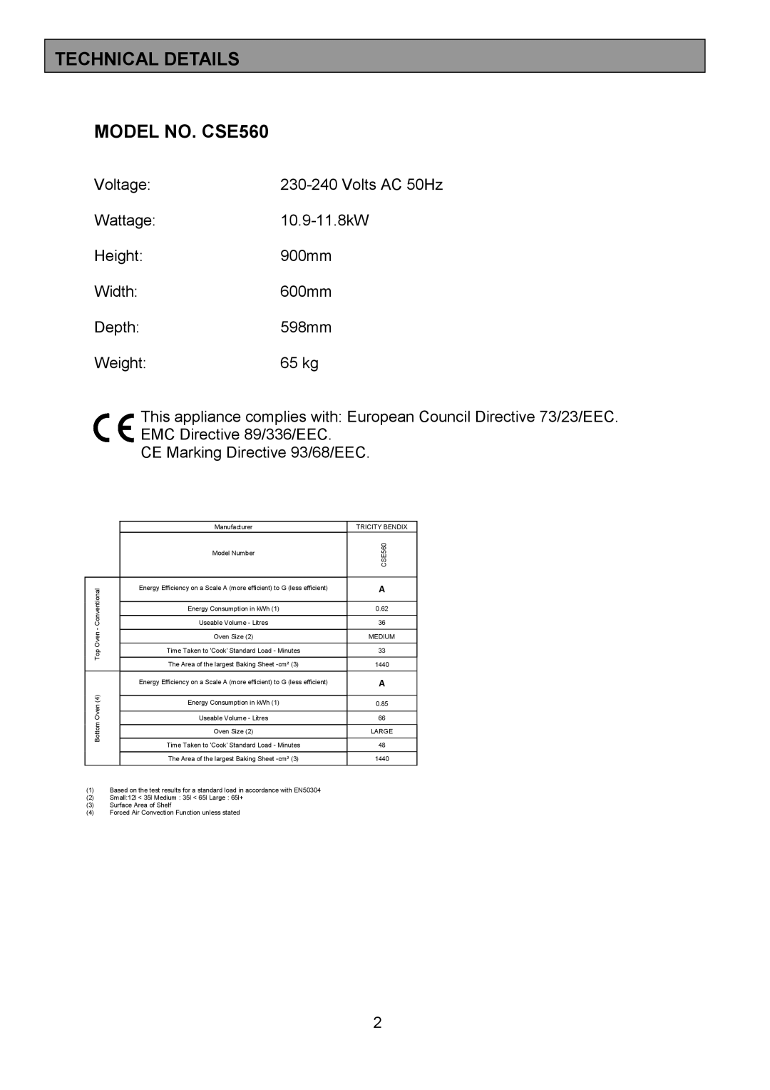 Tricity Bendix installation instructions Technical Details Model NO. CSE560, Tricity Bendix 