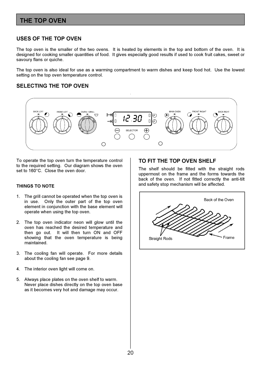 Tricity Bendix CSE560 Uses of the TOP Oven, Selecting the TOP Oven, To FIT the TOP Oven Shelf, Things to Note 