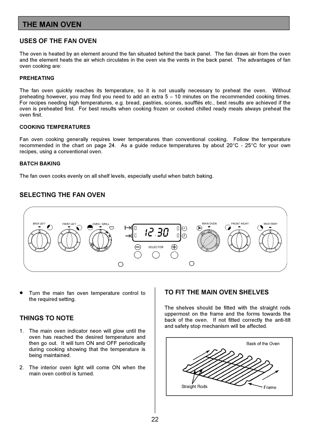 Tricity Bendix CSE560 Uses of the FAN Oven, Selecting the FAN Oven, To FIT the Main Oven Shelves 