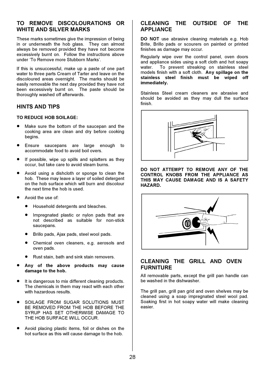 Tricity Bendix CSE560 To Remove Discolourations or White and Silver Marks, Cleaning the Outside of the Appliance 