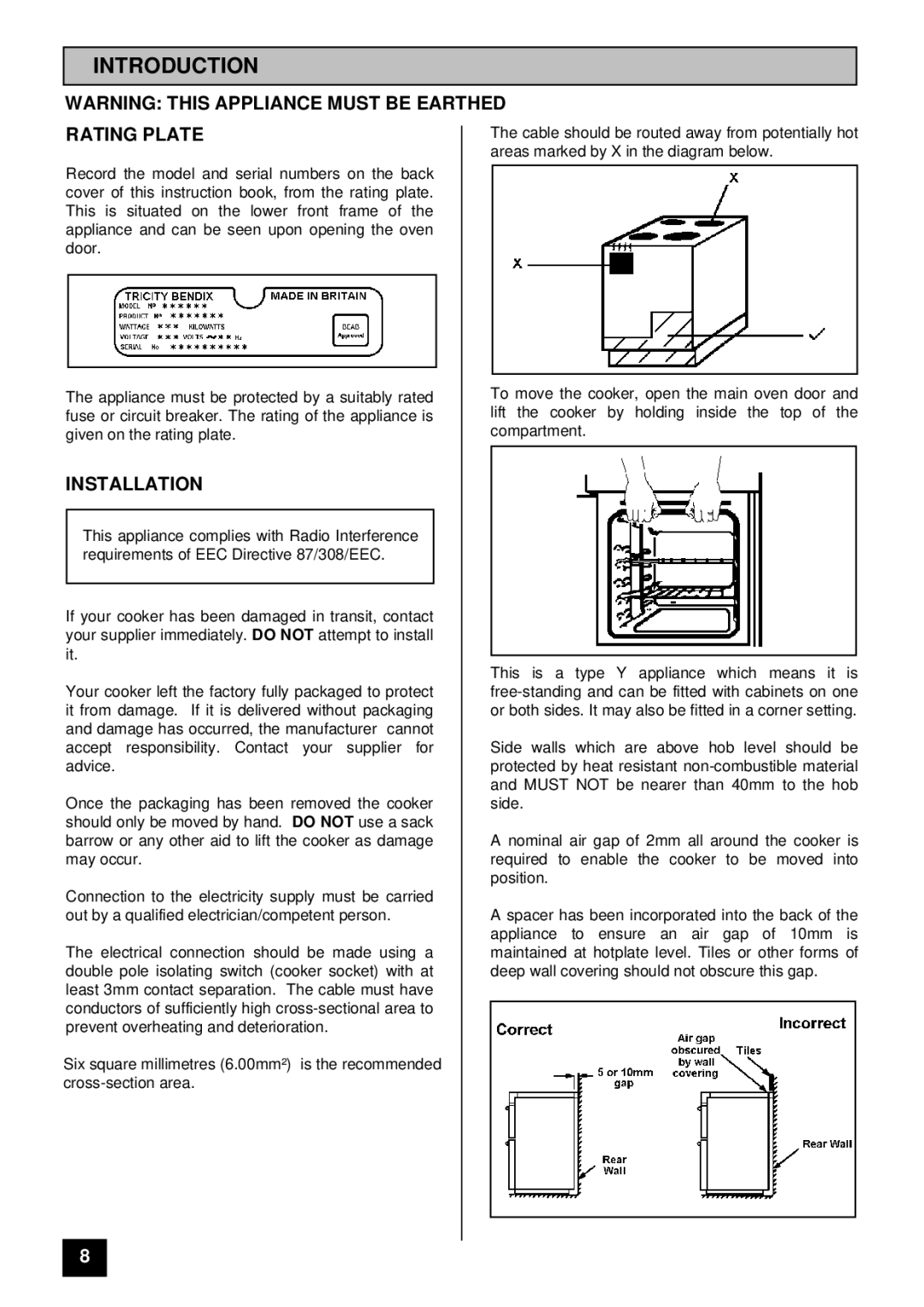 Tricity Bendix CSI 2400 installation instructions Introduction, Rating Plate, Installation 