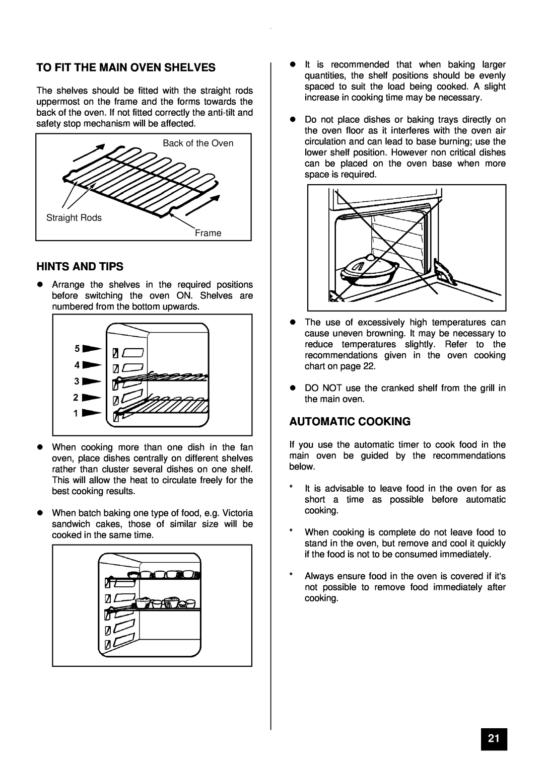 Tricity Bendix CSI 2400 installation instructions To Fit The Main Oven Shelves, lHINTS AND TIPS, Automatic Cooking 