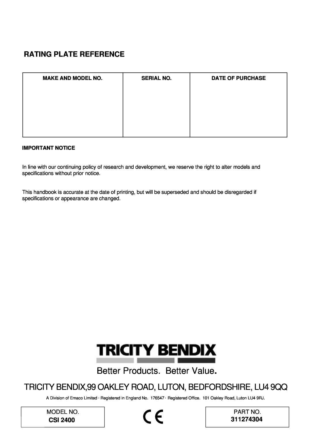 Tricity Bendix CSI 2400 Rating Plate Reference, 311274304, Better Products. Better Value, Make And Model No, Serial No 