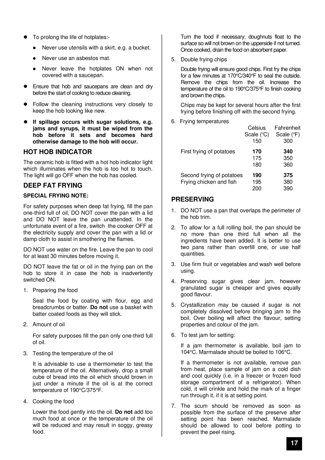 Tricity Bendix CSI 2500 installation instructions HOT HOB Indicator, Deep FAT Frying, Preserving, Special Frying Note 