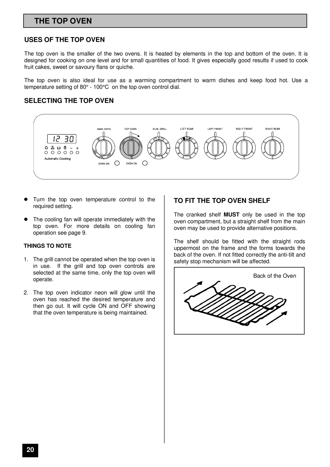 Tricity Bendix CSI 2500 Uses of the TOP Oven, Selecting the TOP Oven, To FIT the TOP Oven Shelf, Things to Note 