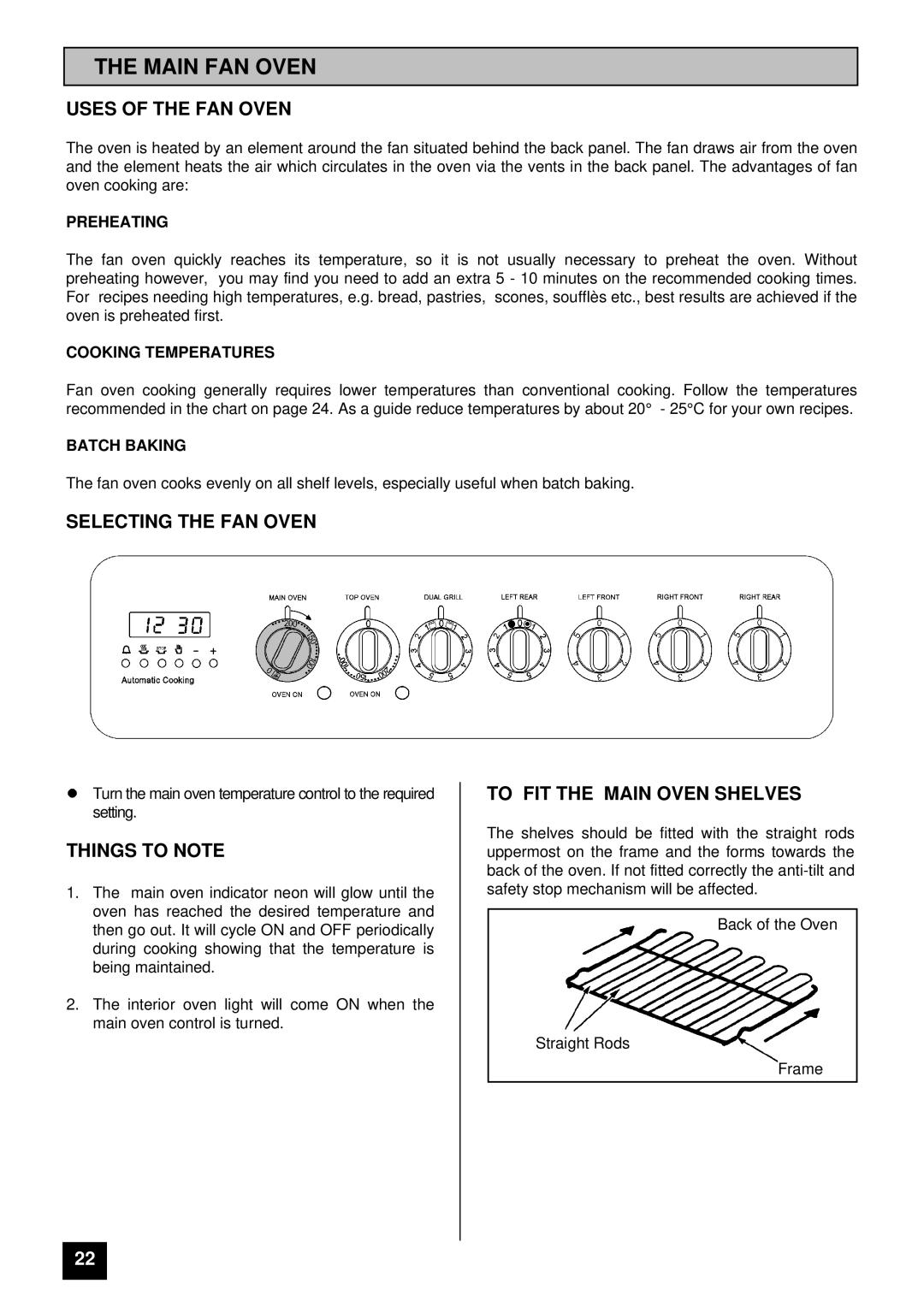 Tricity Bendix CSI 2500 Main FAN Oven, Uses of the FAN Oven, Selecting the FAN Oven, To FIT the Main Oven Shelves 