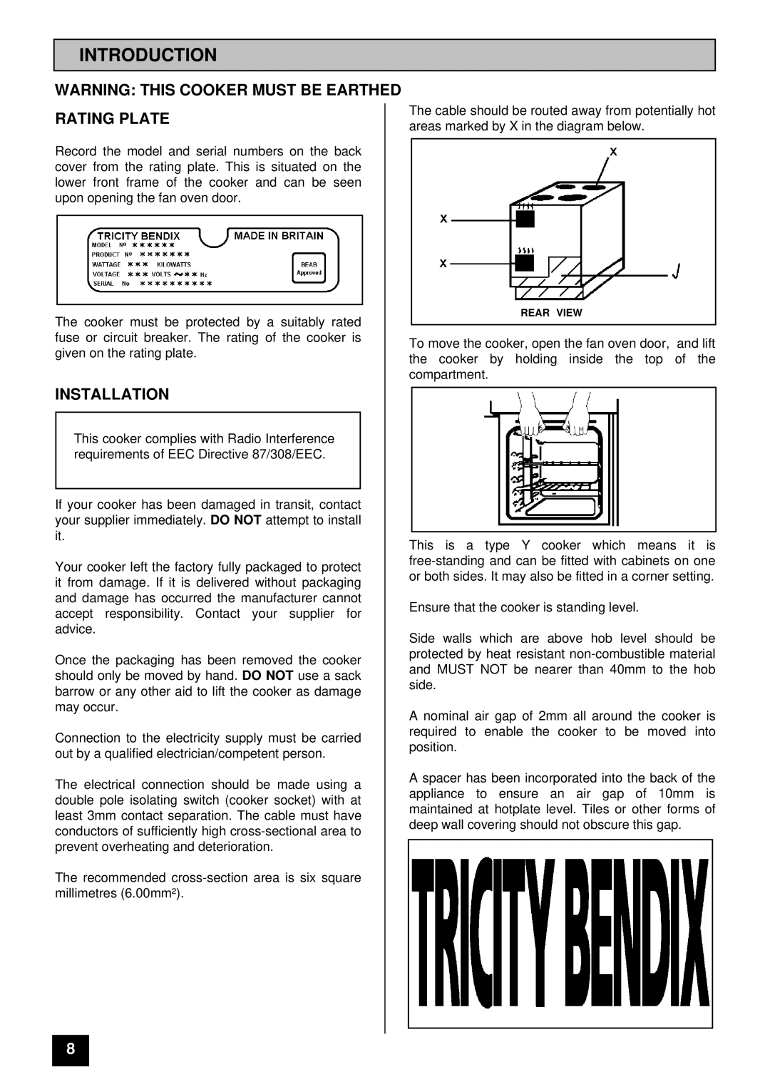 Tricity Bendix CSI 2500 installation instructions Introduction, Rating Plate, Installation 