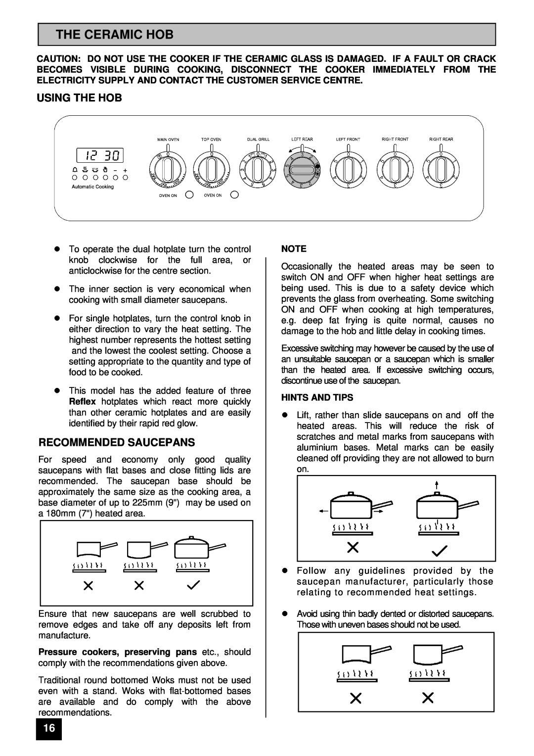 Tricity Bendix CSI 2500 installation instructions The Ceramic Hob, Using The Hob, Recommended Saucepans, lHINTS AND TIPS 