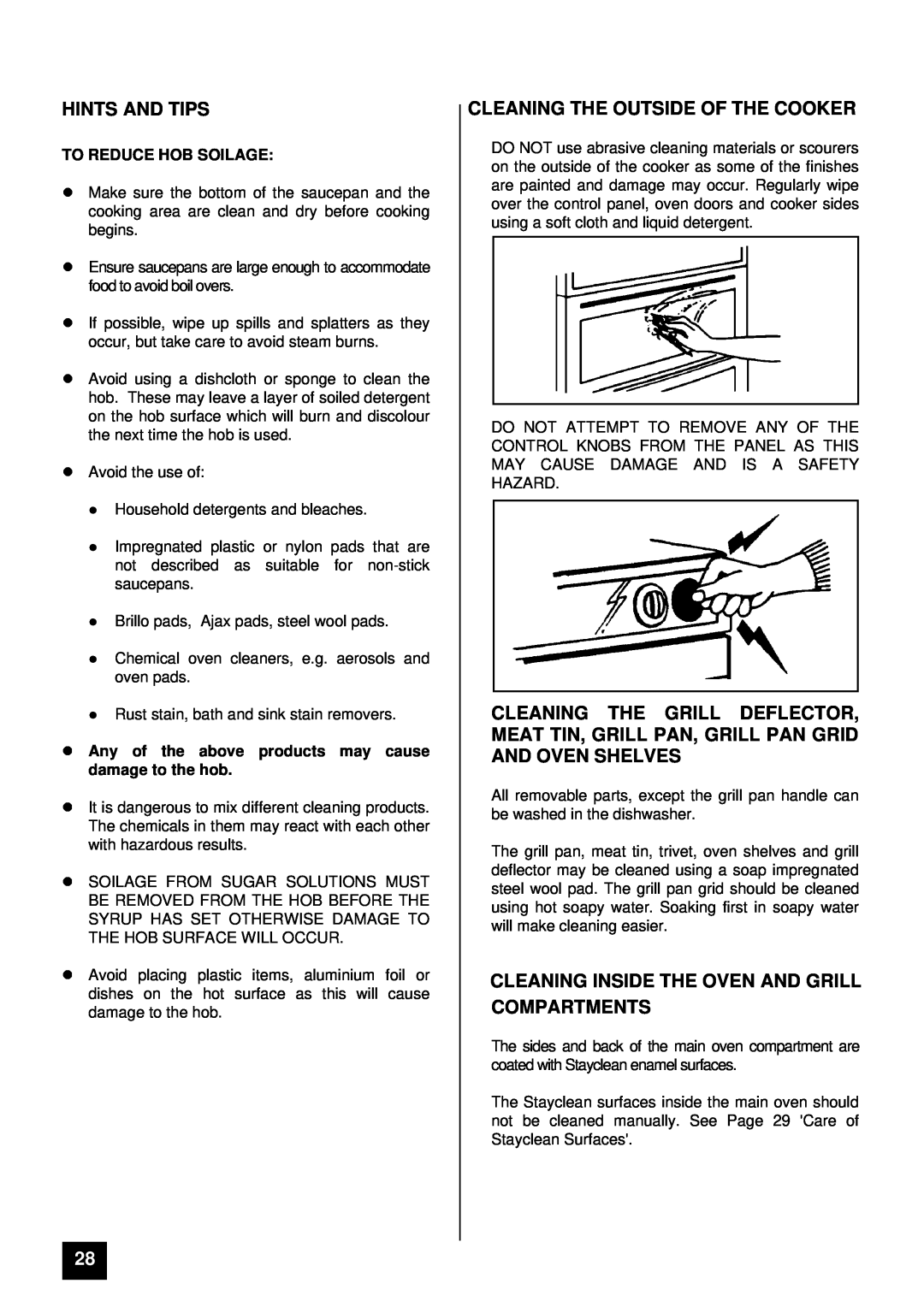 Tricity Bendix CSI 2500 installation instructions Hints And Tips, Cleaning The Outside Of The Cooker, To Reduce Hob Soilage 