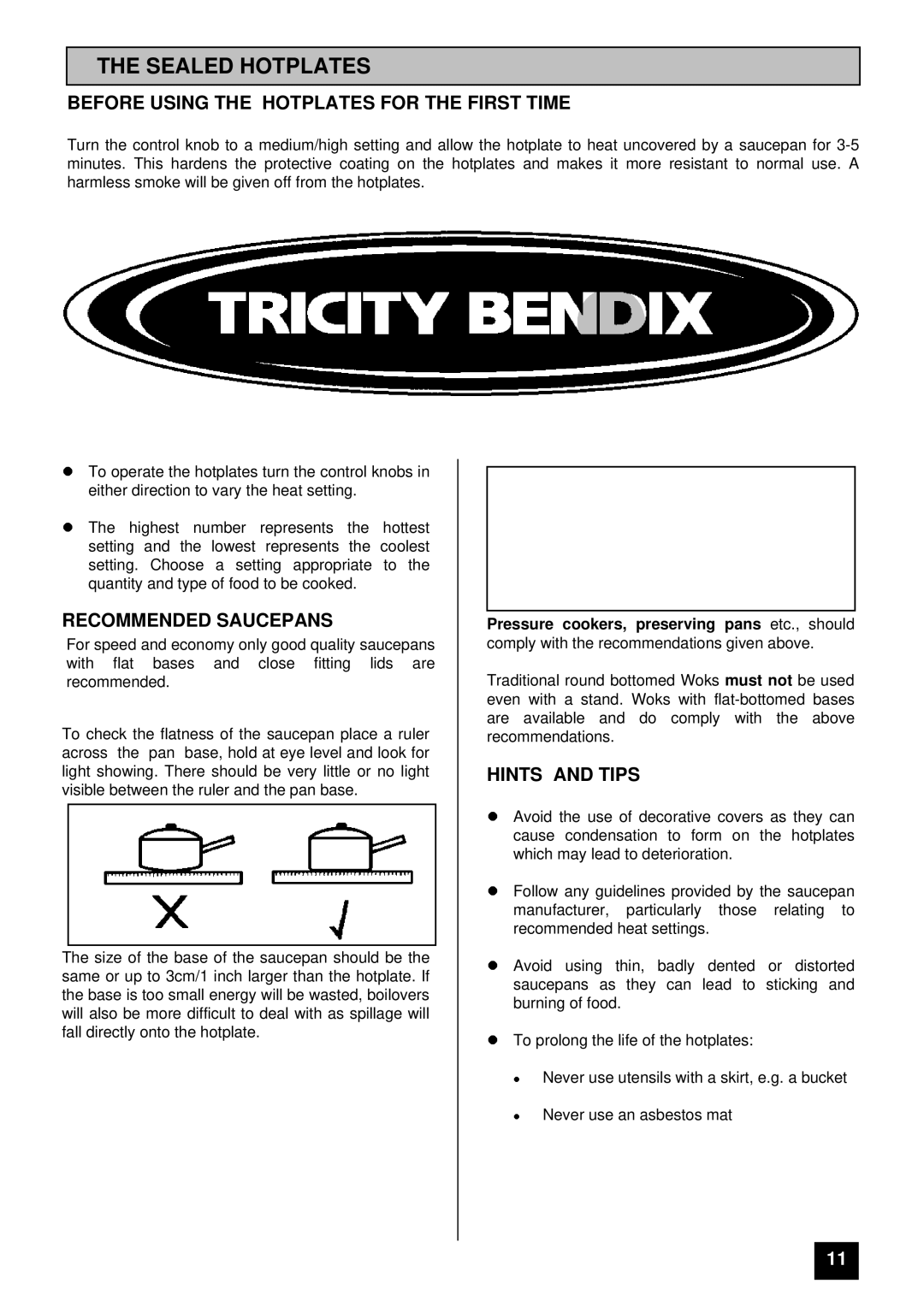 Tricity Bendix CSI 3302 Sealed Hotplates, Before Using the Hotplates for the First Time, Recommended Saucepans 