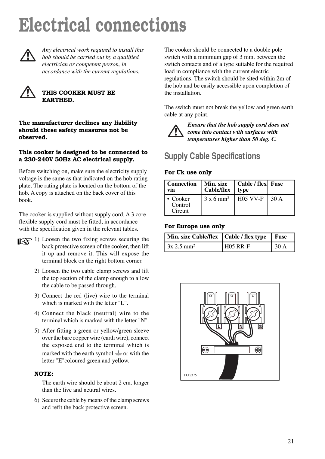 Tricity Bendix CSIE 223W manual Electrical connections, Supply Cable Specifications, This Cooker Must be Earthed 