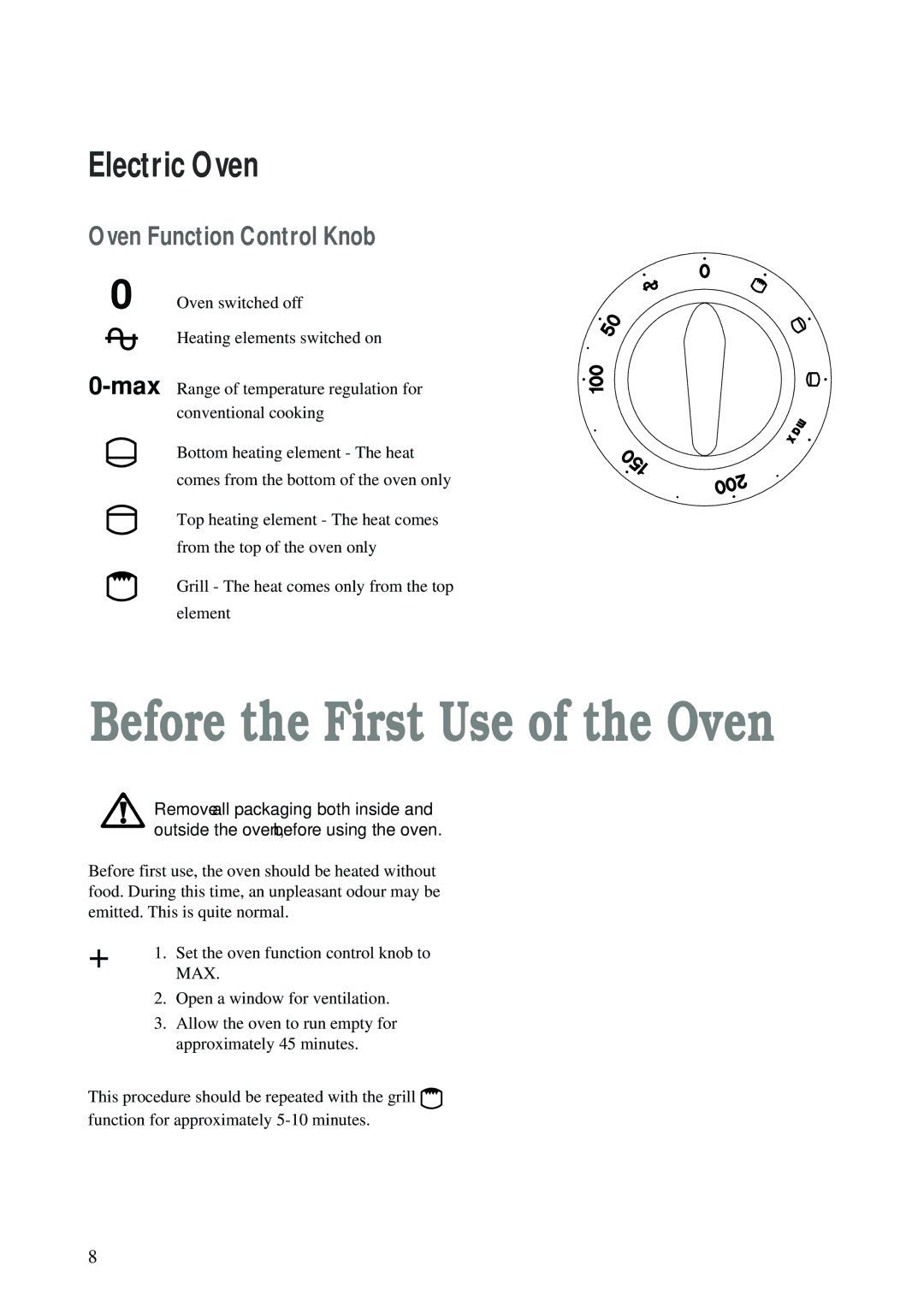 Tricity Bendix CSIE 223W manual Before the First Use of the Oven, Electric Oven, Oven Function Control Knob 