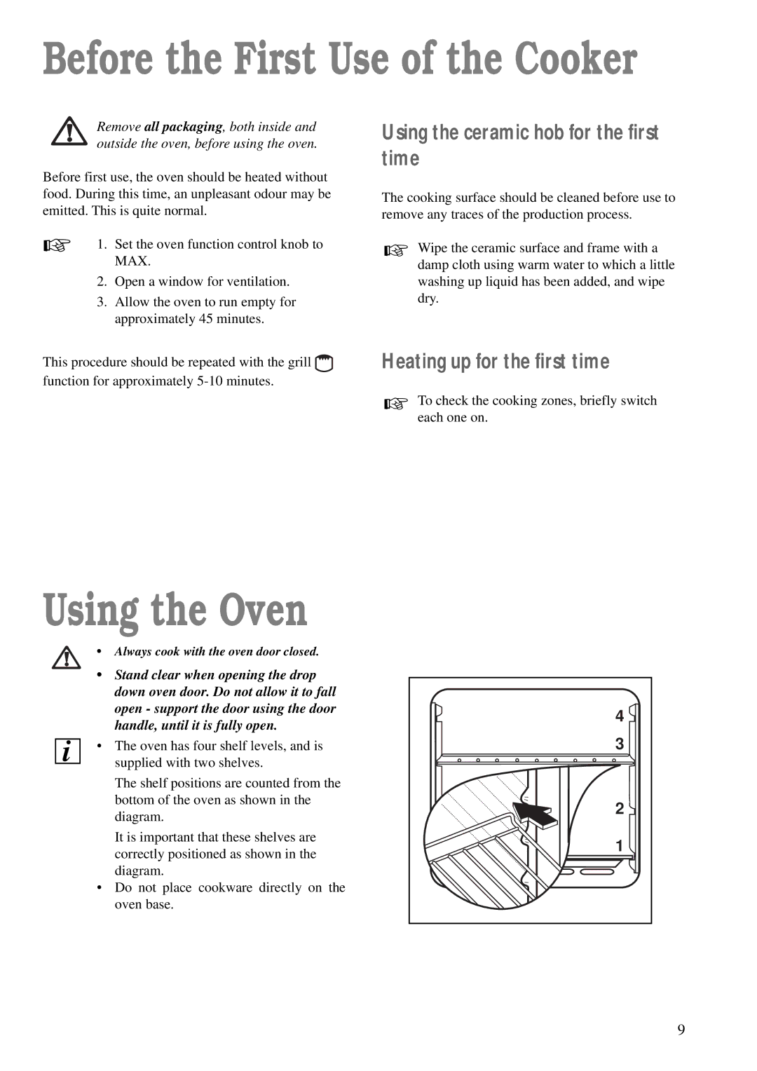 Tricity Bendix CSIE 506 X Before the First Use of the Cooker, Using the Oven, Using the ceramic hob for the first time 