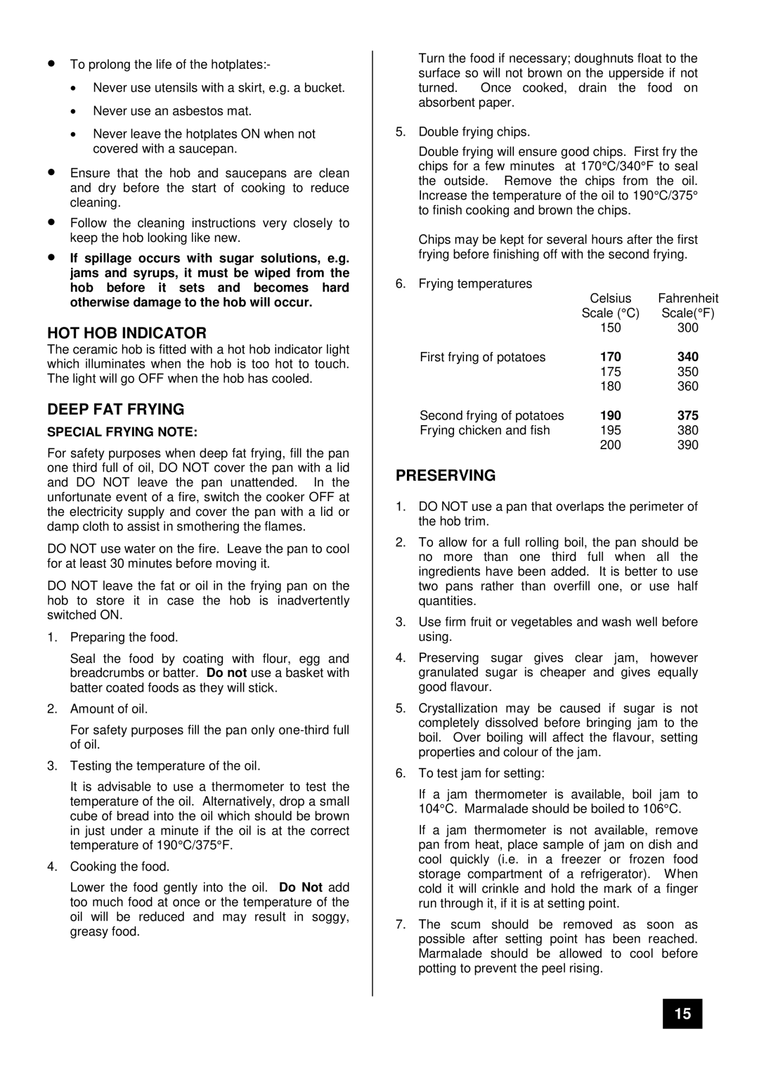 Tricity Bendix CSIE 510 installation instructions HOT HOB Indicator, Deep FAT Frying, Preserving, Special Frying Note 