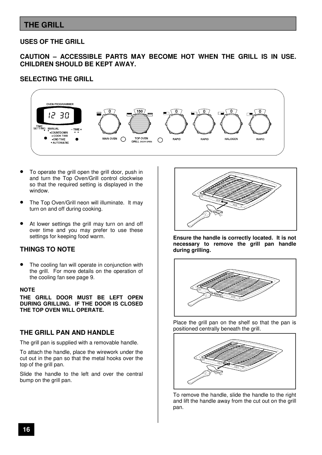 Tricity Bendix CSIE 510 Uses of the Grill Selecting the Grill, Things to Note, Grill PAN and Handle 