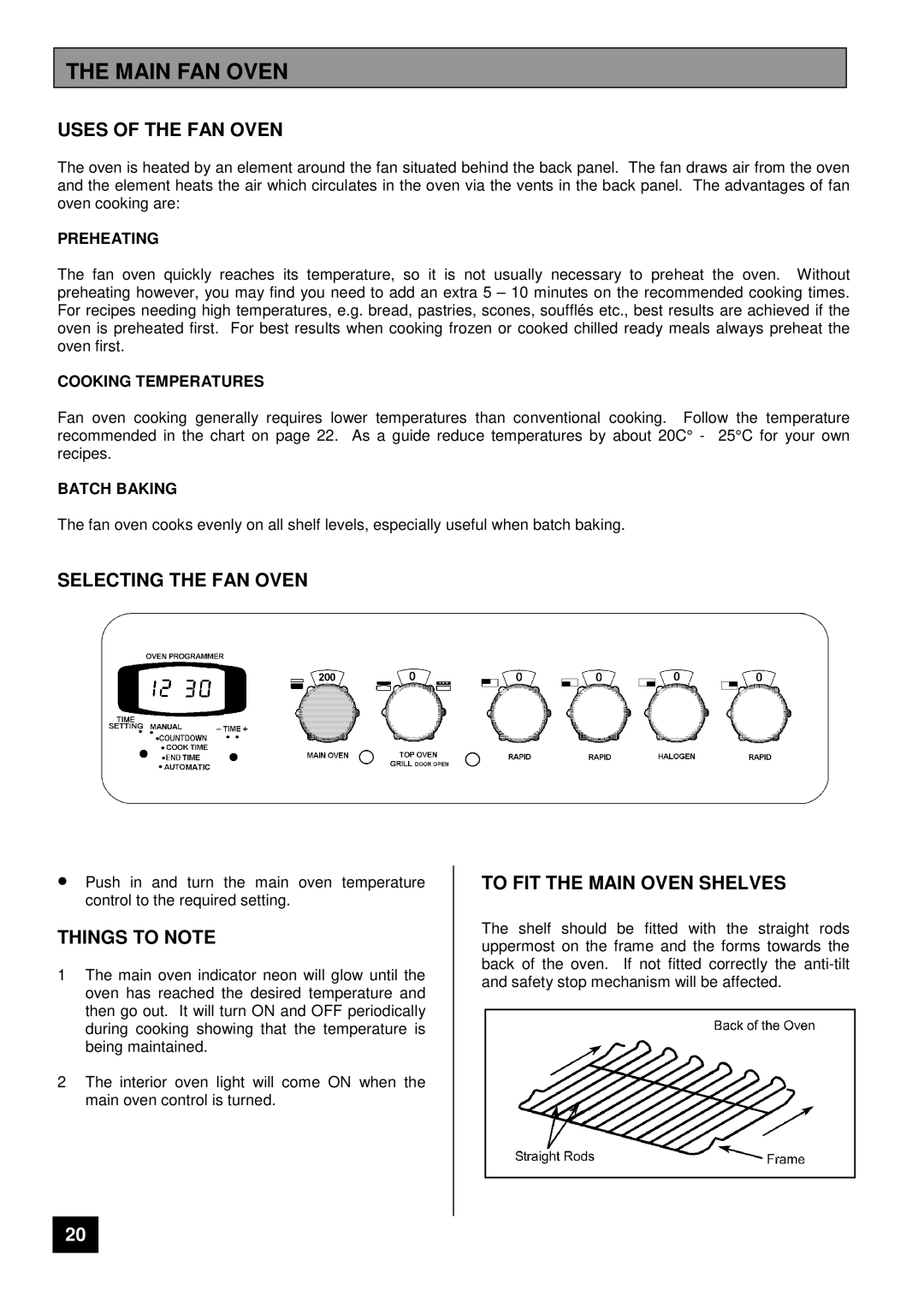 Tricity Bendix CSIE 510 Main FAN Oven, Uses of the FAN Oven, Selecting the FAN Oven, To FIT the Main Oven Shelves 