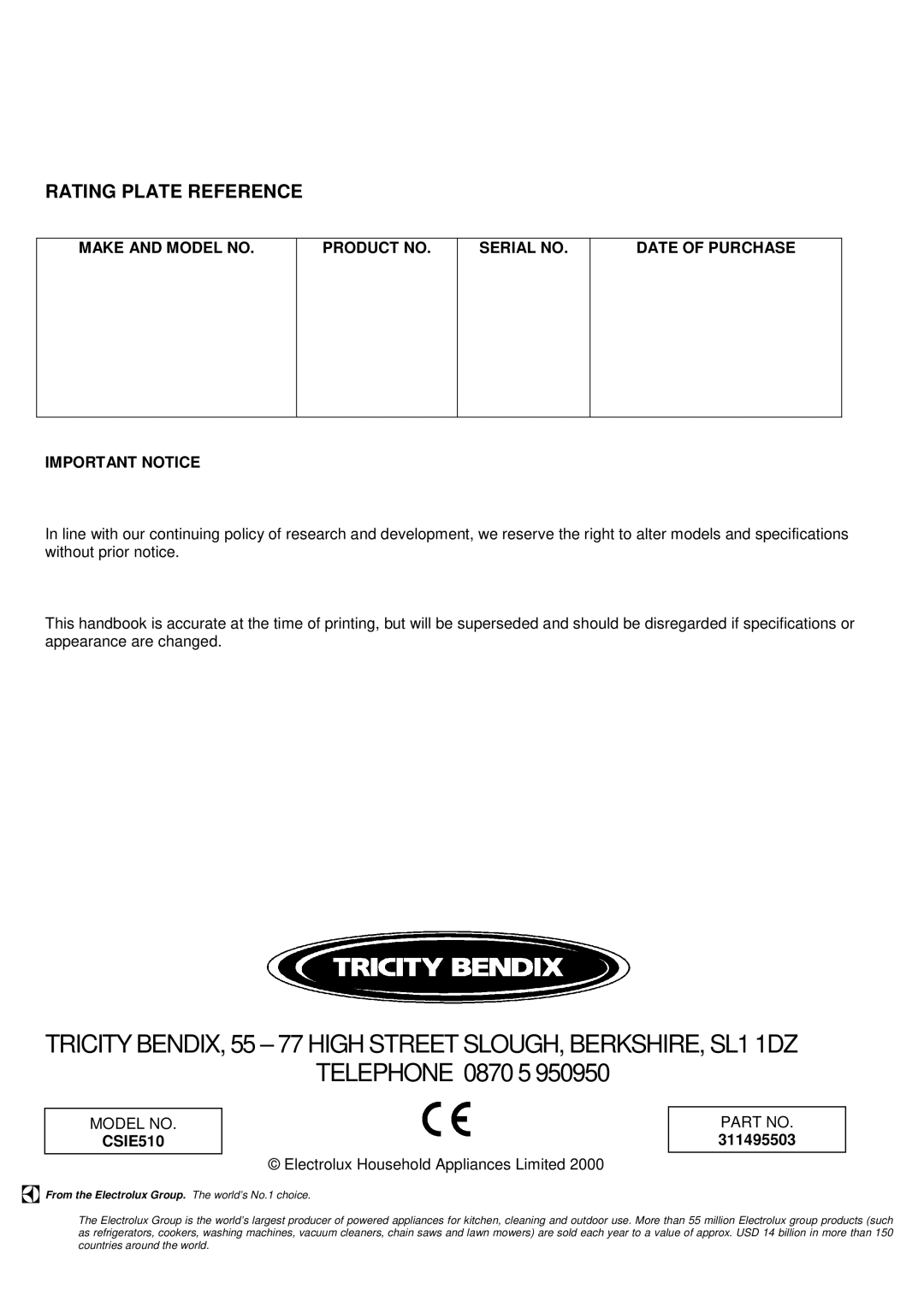 Tricity Bendix CSIE 510 installation instructions Rating Plate Reference, CSIE510 