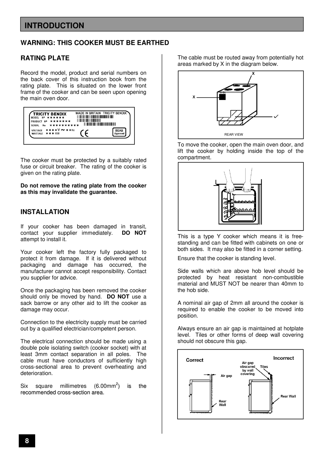 Tricity Bendix CSIE 510 installation instructions Introduction, Rating Plate, Installation 