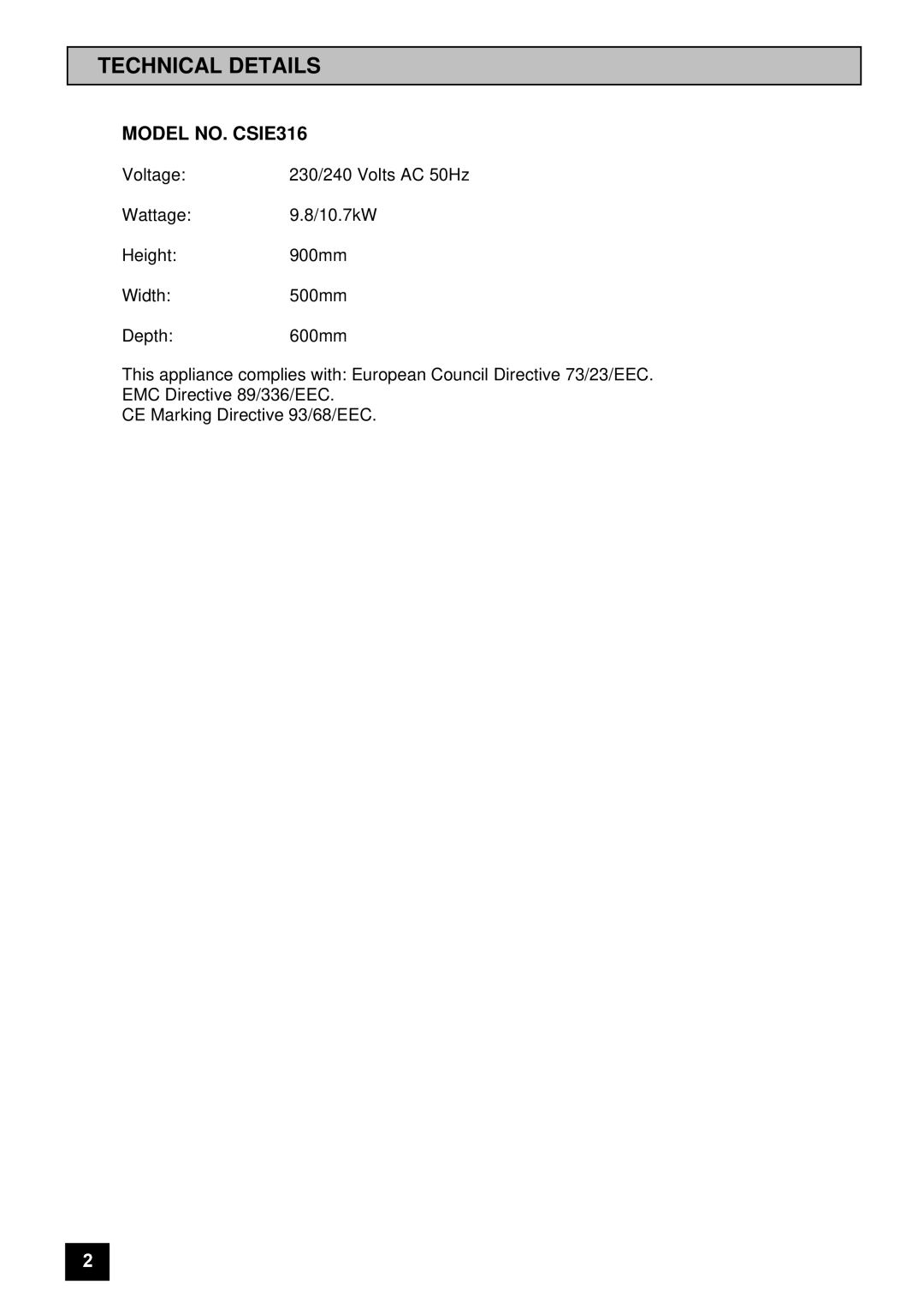 Tricity Bendix installation instructions Technical Details, Model NO. CSIE316 