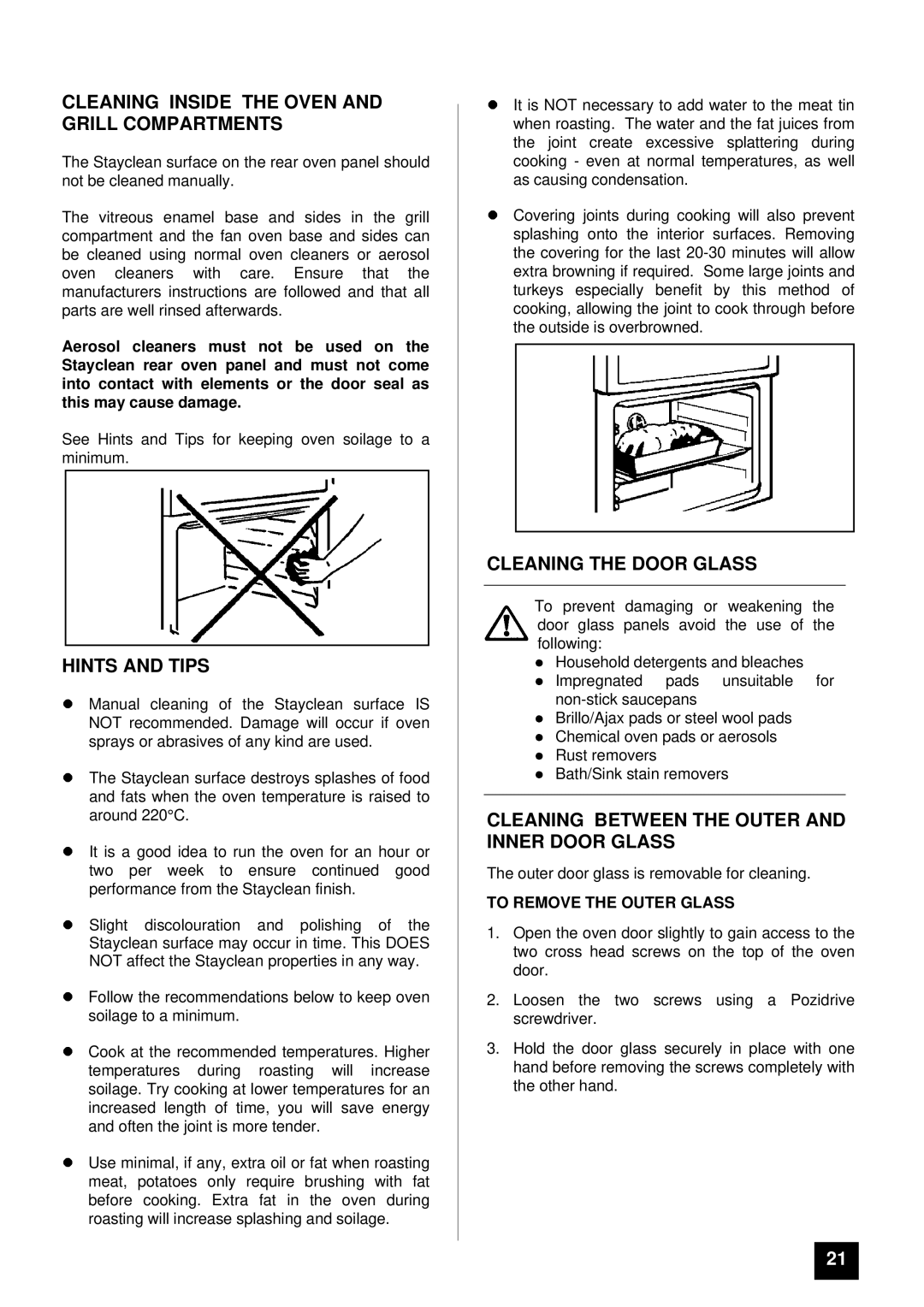 Tricity Bendix CSIE316 installation instructions Cleaning Inside the Oven and Grill Compartments, Cleaning the Door Glass 