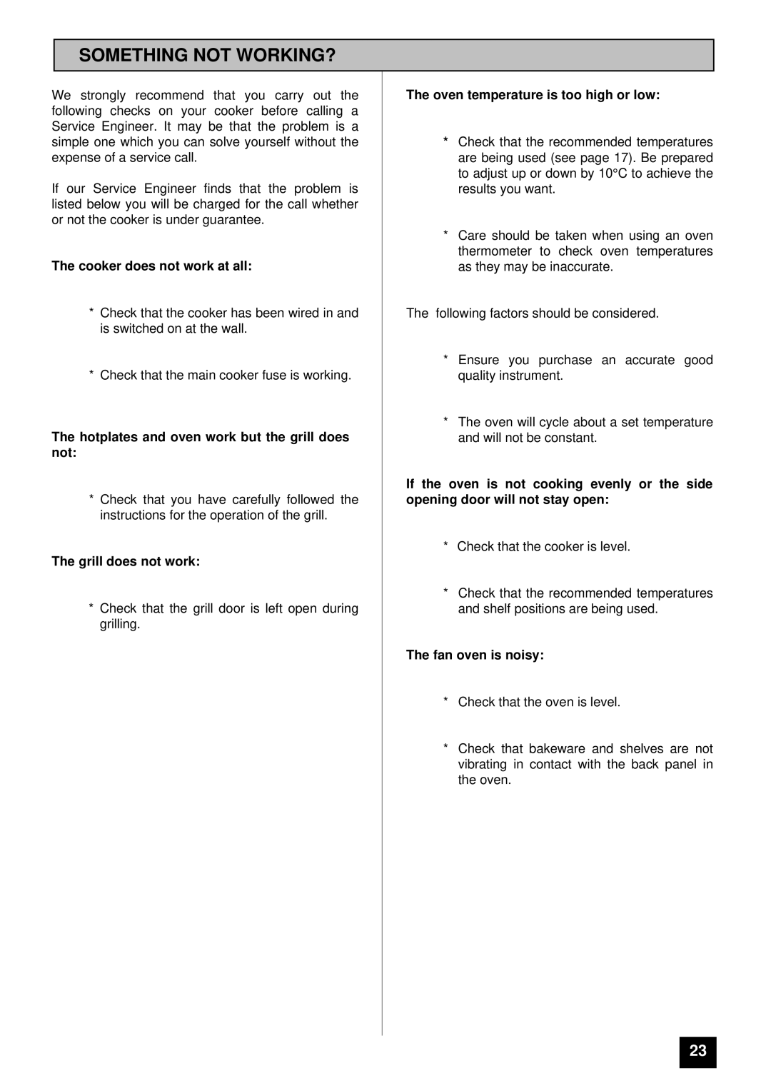 Tricity Bendix CSIE316 installation instructions Something not WORKING?, Cooker does not work at all 