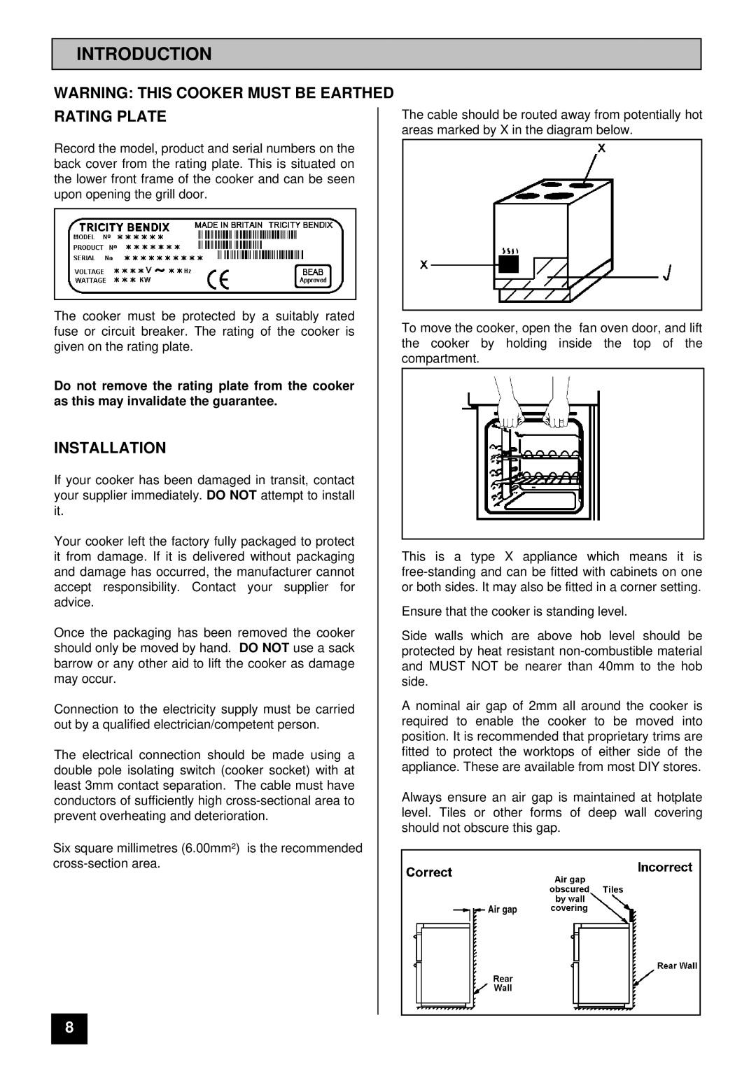 Tricity Bendix CSIE316 installation instructions Introduction, Rating Plate, Installation 